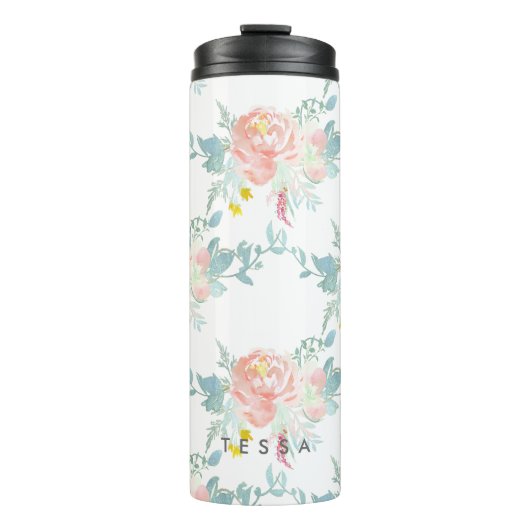 PixDezines Floral/Waterverf/Pioenen/Peach+Mint Thermosbeker (Voorkant)