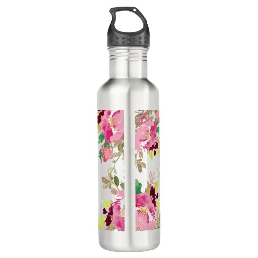 PixDezines Floral/Waterverf/Roze pioenen Waterfles (Achterkant)