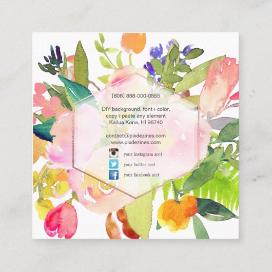 PixDezines Floral Waterverf/Spring Bouquet Vierkante Visitekaartje (Achterkant)