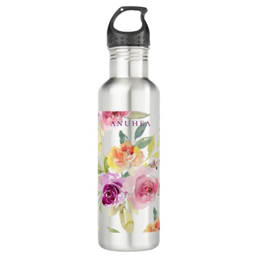 PixDezines Floral Waterverf Summer Rozen Waterfles (Voorkant)