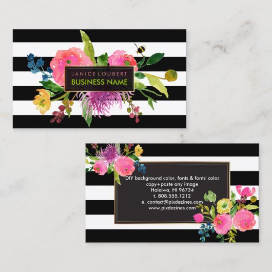 PixDezines florale waterverf/ranunculus/strepen Visitekaartje (Voorkant / Achterkant)