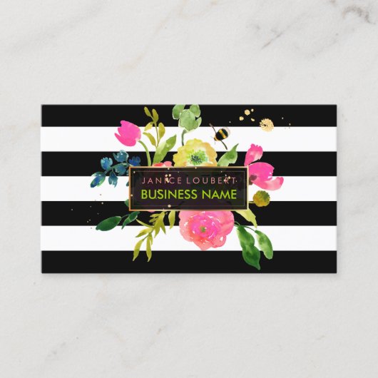 PixDezines florale waterverf/ranunculus/strepen Visitekaartje (Voorkant)