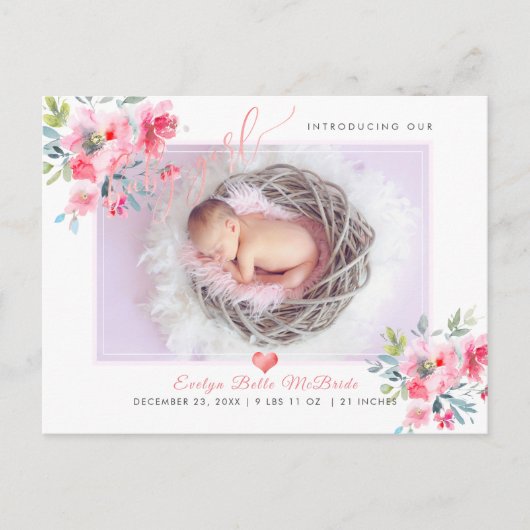 PixDezines Flowers+Baby Girl, Faux Foil Script Aankondigingskaart (Voorkant)