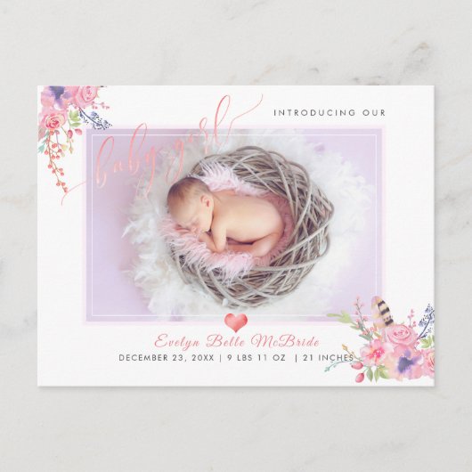 PixDezines Flowers+Baby Girl, Faux Folie Script Aankondigingskaart (Voorkant)