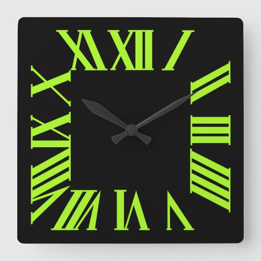 PixDezines Fluorescent Lime Green Roman Numeros Vierkante Klok (Voorkant)