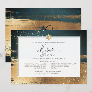 PixDezines FOREST GREEN GOLD BRUSHSTROKE Mitzvah Kaart