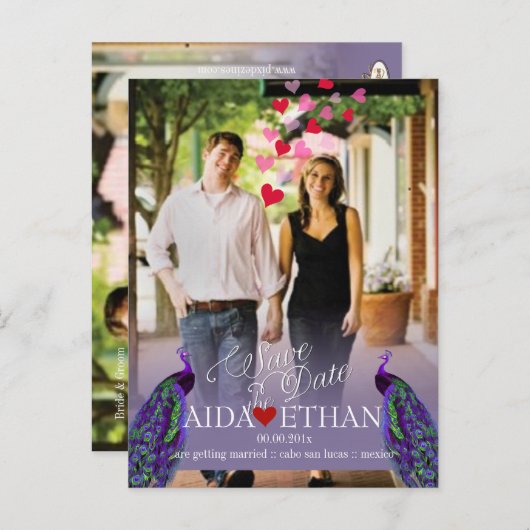 PixDezines foto+pauw/de datum opslaan Aankondigingskaart (Voorkant / Achterkant)