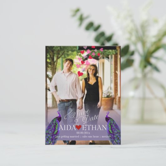 PixDezines foto+pauw/de datum opslaan Aankondigingskaart (Staand voorkant)