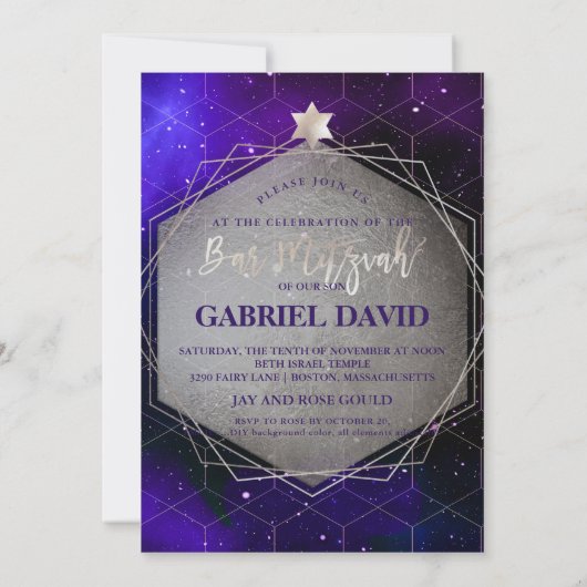PixDezines Galaxy Bar Mitzvah Silver+Violet Kaart (Achterkant)