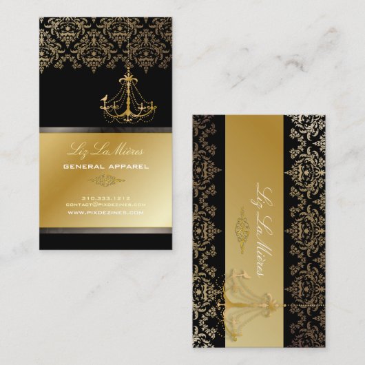 PixDezines GChandelier Damask/Black + Gold Lace Visitekaartje (Voorkant / Achterkant)