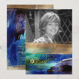 PixDezines Geborsteld Waterverf Blauw Bar Mitzvah Kaart