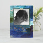 PixDezines Geborsteld Waterverf Blauw Bar Mitzvah Kaart (Staand voorkant)