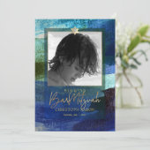 PixDezines Geborsteld Waterverf Blauwe Bar Mitswa Kaart (Staand voorkant)