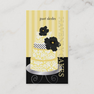 PixDezines gele strepen+damast cake/pâtisserie Visitekaartje