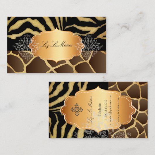 PixDezines  giraffe, zebra+goudlabel Visitekaartje (Voorkant / Achterkant)