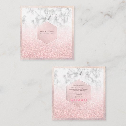 PixDezines Glam Faux Glitter, Roze Blush+Marble Vierkante Visitekaartje (Voorkant / Achterkant)