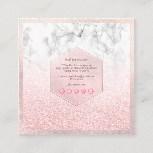 PixDezines Glam Faux Glitter, Roze Blush+Marble Vierkante Visitekaartje (Achterkant)