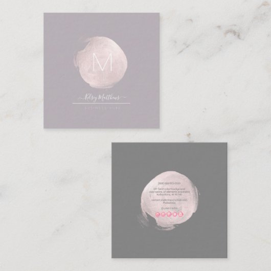 PixDezines Glam Monogram Zwart + Blush Roze Vlek Vierkante Visitekaartje (Voorkant / Achterkant)