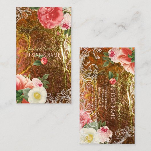 PixDezines goudblaadjes+ pioenen Visitekaartje (Voorkant / Achterkant)