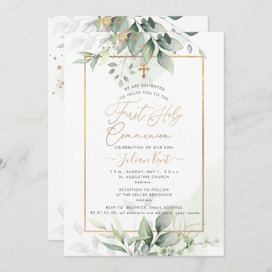 PixDezines Green Gold Eucalyptus 1stHeilige Commun Kaart (Voorkant / Achterkant)
