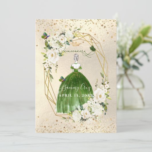 PixDezines Green Quinceanera H2 Alabaster Rozen Kaart (Staand voorkant)