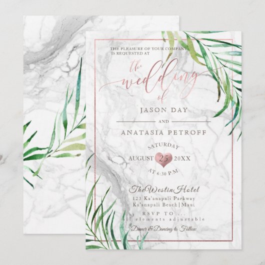 PixDezines Greenery Palms+Marble+Roos Gold Heart Kaart (Voorkant / Achterkant)