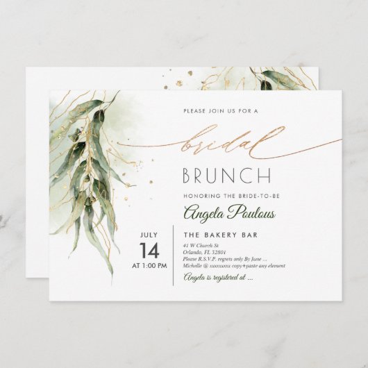 PixDezines Groen Goud Eucalyptus Bruidsbrunch Kaart (Voorkant / Achterkant)