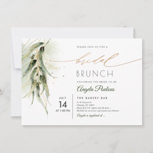 PixDezines Groen Goud Eucalyptus Bruidsbrunch Kaart (Voorkant)