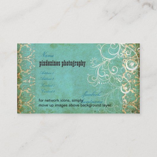 PixDezines  Grunge Damask/Aqua Visitekaartje (Achterkant)