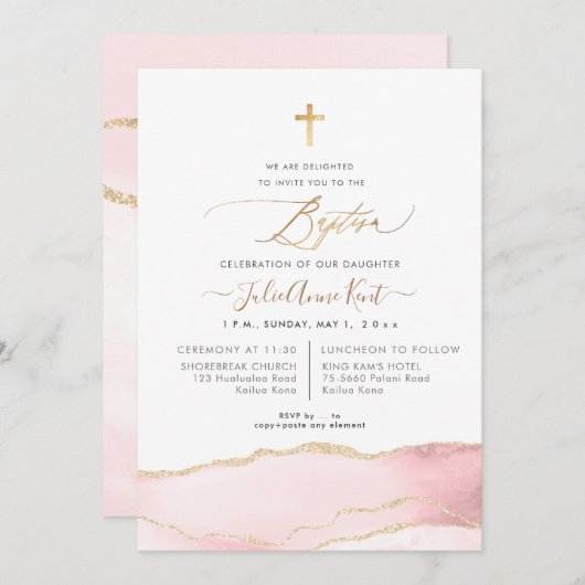 PixDezines H2 Agaat Blush Roze Goud Doop Kaart (Voorkant / Achterkant)