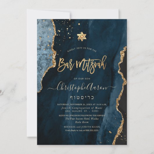 PixDezines H2 Agate, Slate Blue Gold Invitation Kaart (Voorkant)
