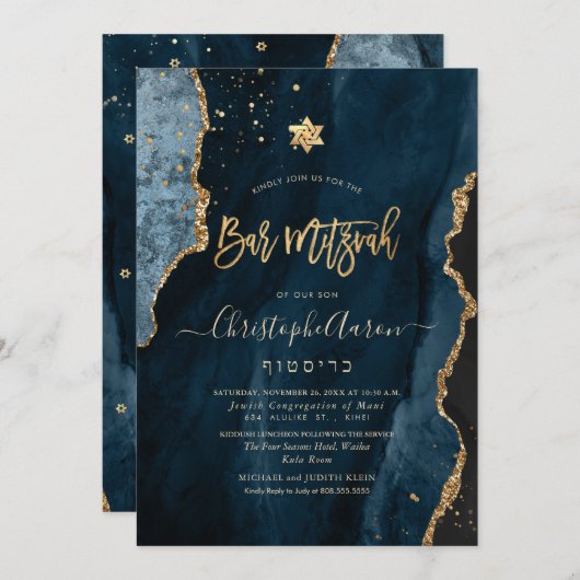 PixDezines H2 Agate, Slate Blue Gold Invitation Kaart (Voorkant / Achterkant)