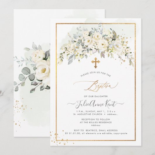 PixDezines H2 Alabaster Rozen Baptisme Kaart (Voorkant / Achterkant)