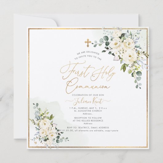 PixDezines H2 Albasten Rozen Eerste Heilige Commun Kaart (Voorkant)