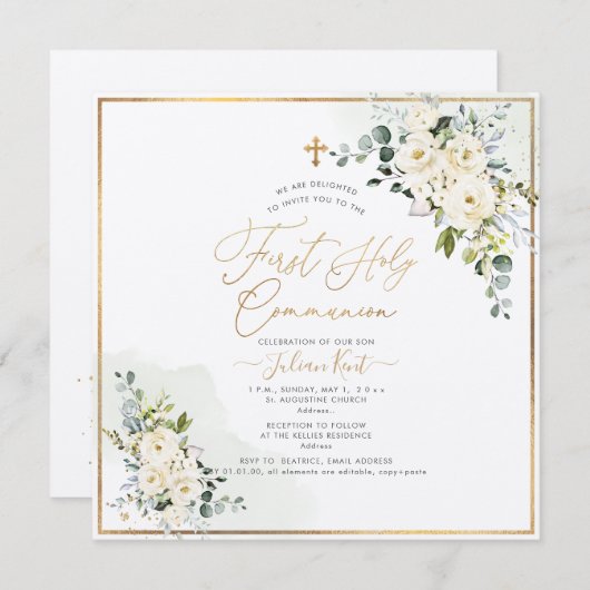 PixDezines H2 Albasten Rozen Eerste Heilige Commun Kaart (Voorkant / Achterkant)