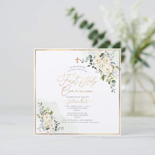 PixDezines H2 Albasten Rozen Eerste Heilige Commun Kaart (Staand voorkant)