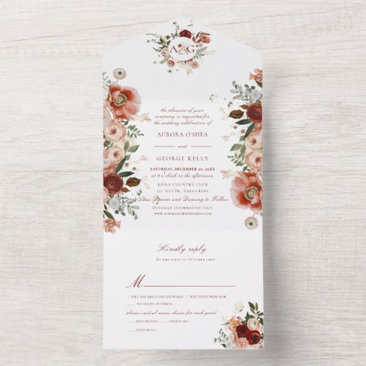 PixDezines H2 Autumn Waterverf Flowers Marsala All In One Uitnodiging (Binnen)