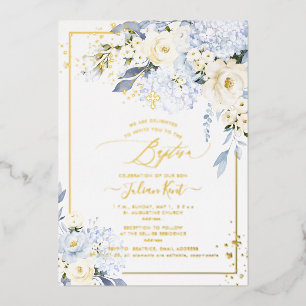 PixDezines H2 Blauwe Hortensia Crème Rozen Doop Folie Uitnodiging