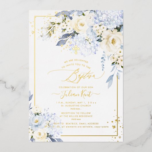 PixDezines H2 Blauwe Hortensia Crème Rozen Doop Folie Uitnodiging (Voorkant)