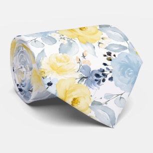 PixDezines H2 Bloemen Geel en Stofblauw  Stropdas