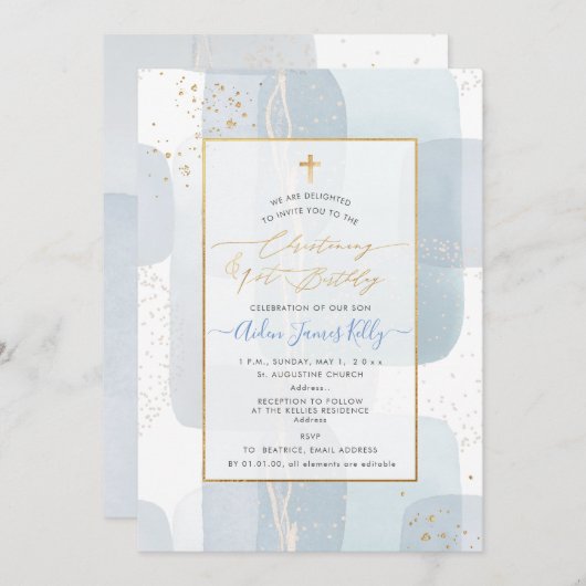 PixDezines H2 Blue Christening+1st Birthday Kaart (Voorkant / Achterkant)