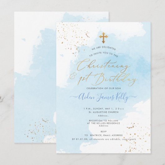PixDezines H2 Blue Christening+1st Birthday Kaart (Voorkant / Achterkant)