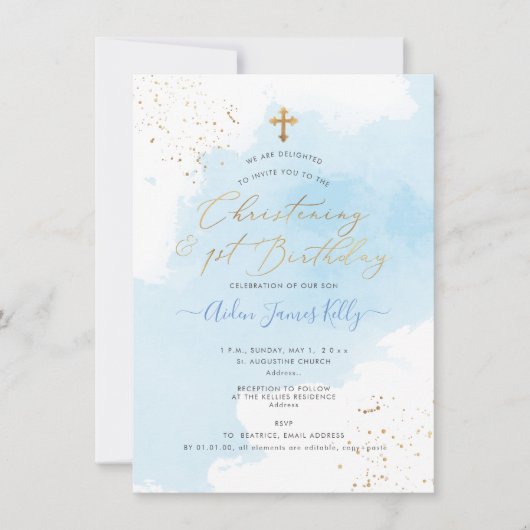 PixDezines H2 Blue Christening+1st Birthday Kaart (Voorkant)