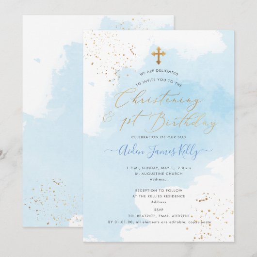 PixDezines H2 Blue Christening+1st Birthday Kaart (Voorkant / Achterkant)