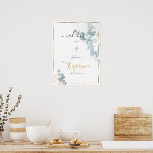 PixDezines H2 Blue Eucalyptus Baptism Welkom Poster (Keuken)