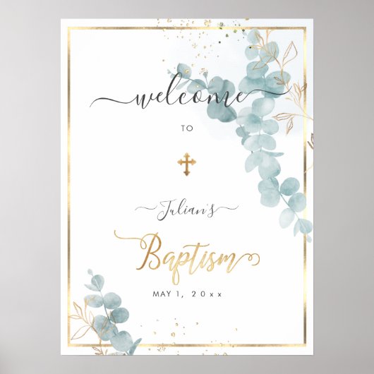 PixDezines H2 Blue Eucalyptus Baptism Welkom Poster (Voorkant)
