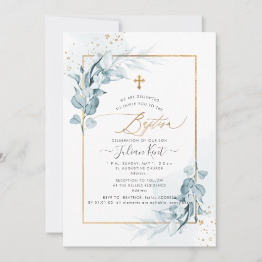 PixDezines H2 Blue Gum Eucalyptus Baptisme Kaart (Voorkant)