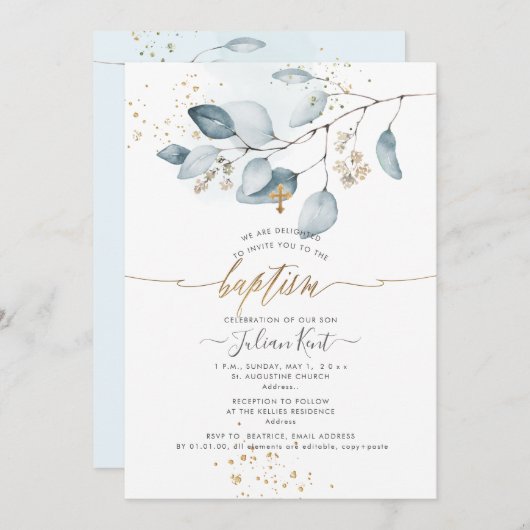 PixDezines H2 Blue Gum Eucalyptus Baptisme Kaart (Voorkant / Achterkant)