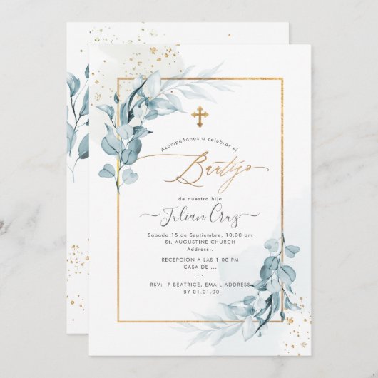 PixDezines H2 Blue Gum Eucalyptus Bautizo Kaart (Voorkant / Achterkant)