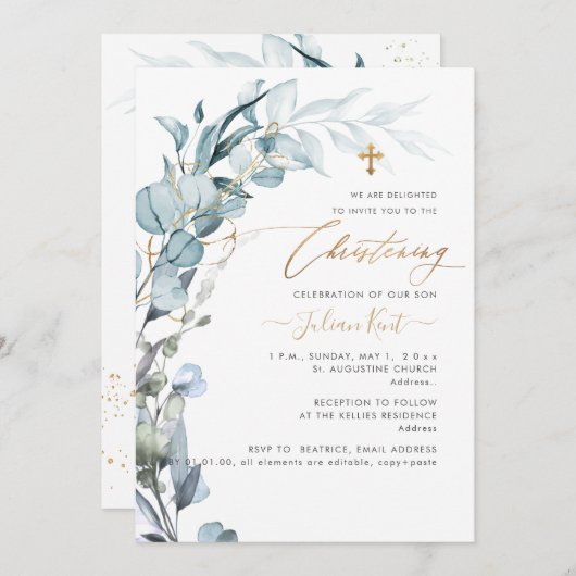 PixDezines H2 Blue Gum Eucalyptus Christening Kaart (Voorkant / Achterkant)